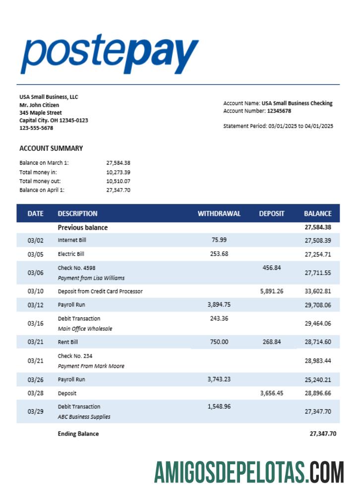 Postepay Evolution (Poste Italiane) Modelo de declaração empresarial em formato Word e PDF